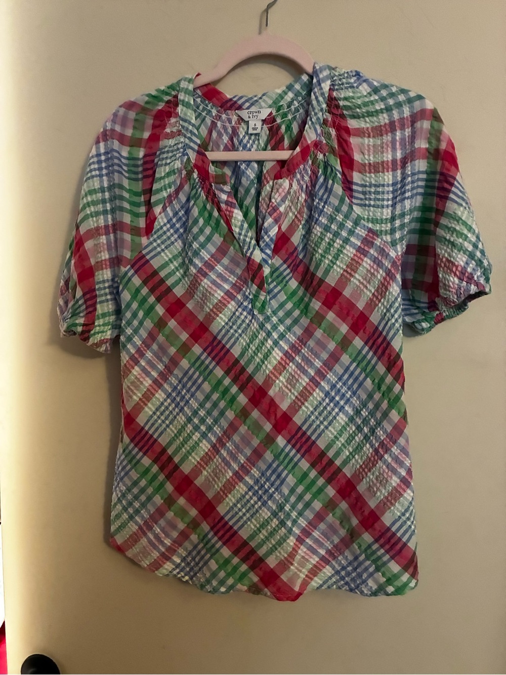 Croft & Ivy Ladies Multicolor Pastel  Plaid Seersucker  Top - Red/Green/Blue